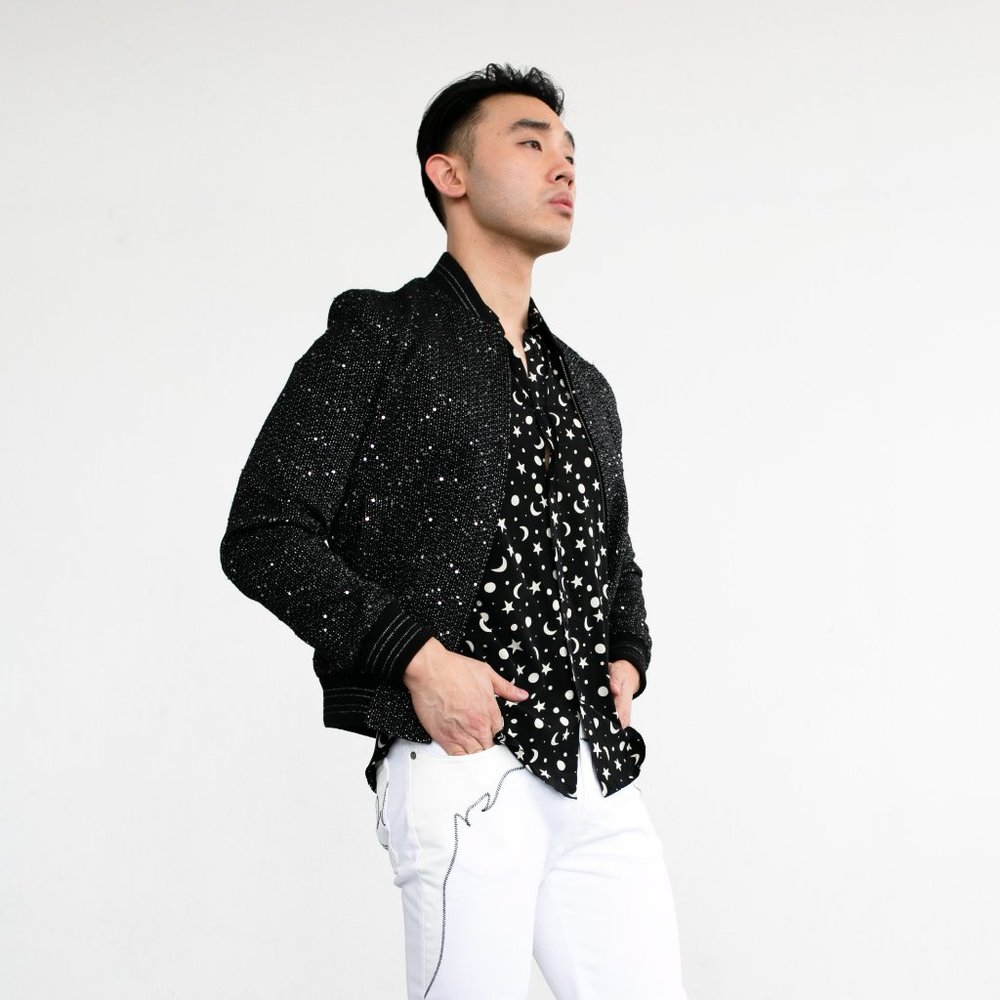 Saint Laurent Black & Silver Sequin Tweed Bomber Jacket
